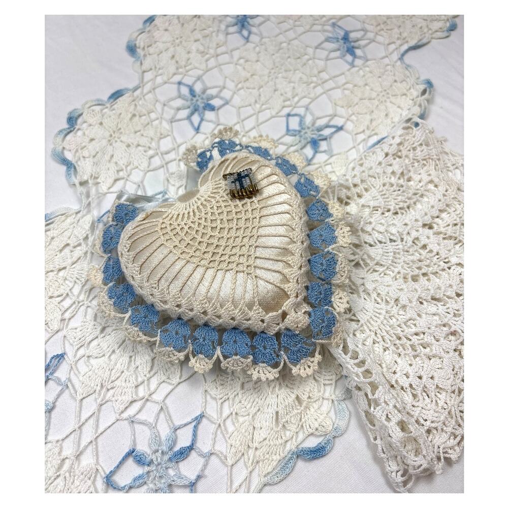 MCM Beige Satin & Blue Crochet Heart Pillow/Pin Cushion w/Crocheted Runner&Doily